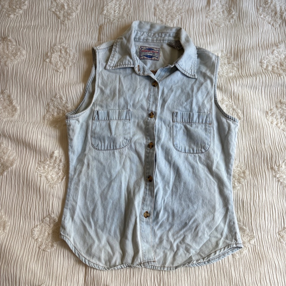 Andrews Blues Vintage Denim Sleeveless Shirt Light Wash Cotton Vest Medium 90s